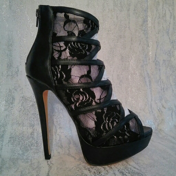 PAPER FOX 6.5 BLACK SHEER LACE & SOLID ANKLE BOOTIE PLATFORM HEELS holiday party - Picture 8 of 13